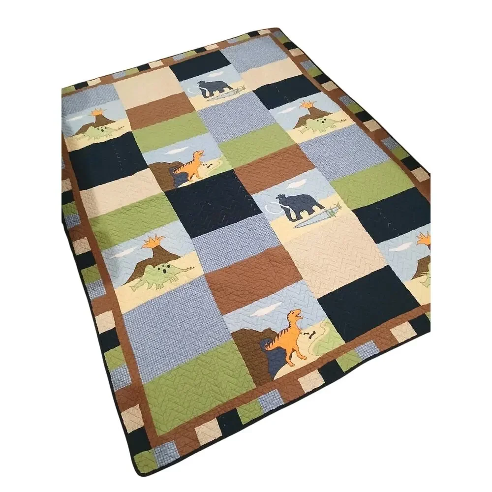 RARE Pottery Barn Dinosaur QUEEN Quilt Blanket Colorful Pop Art Patchwork Vintag